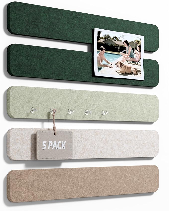 Fluxynara Cork Board Alternative Felt Strip Board 5-Pack 13"x2", Office Pin Board with 35 Push Pins, Adhesive Install for Bedroom Door & Home Office(Nordic Moss)