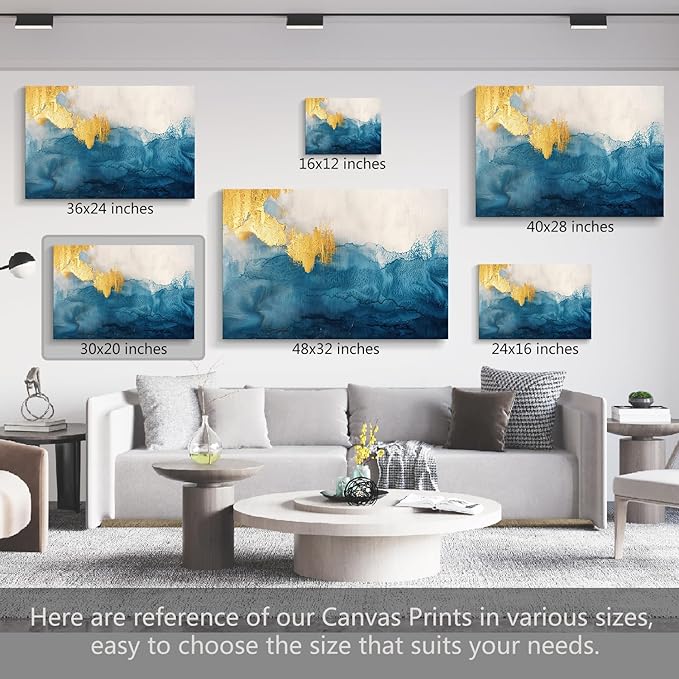 gaosoul Modern Canvas Wall Art Blue Gold Leaf Abstract Painting Prints Minimalism White and Light Blue Tranquility Poster for Living Room Bedroom Office Decor Framed 30x20in