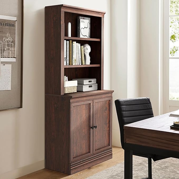 JAHRSTIM Halston Multi-Depth Bookcase, Adjustable Storage Shelving Unit with Doors for Home and Office Space, 31.5”L x 15.75”W x 72.8”H, Dark Cherry