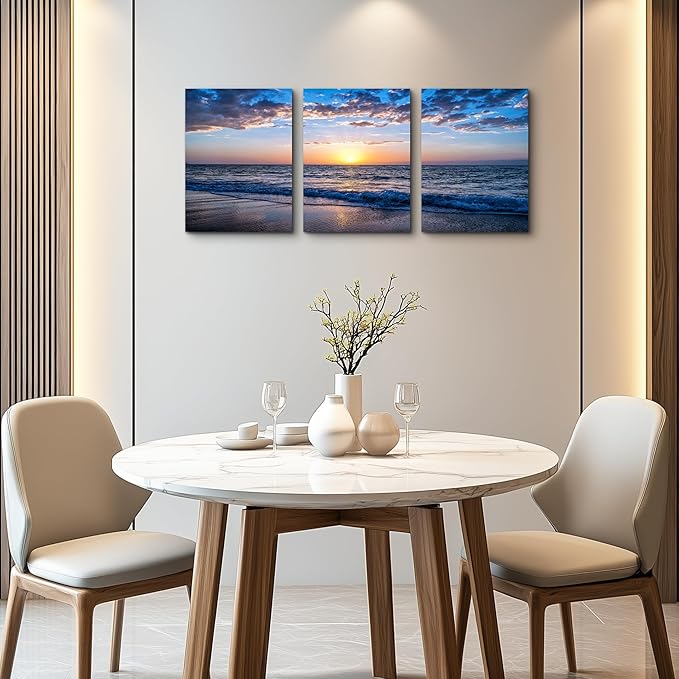 hyidecorart Set of 3 Wall Art Canvas Prints, Beach Sunrise Sunset Pictures Wall Decor Ocean Waves Nature Seascape Poster Coastal Landscape Painting for Living Room, Bedroom, Office Home Decor