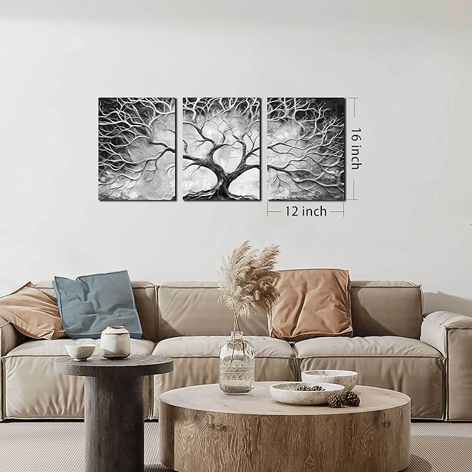 Tree Wall Art for Living Room - Modern Black and White Pictures Wall Art for Bedroom - 3 Piece Wall Decor for Office Size 12" x 16"