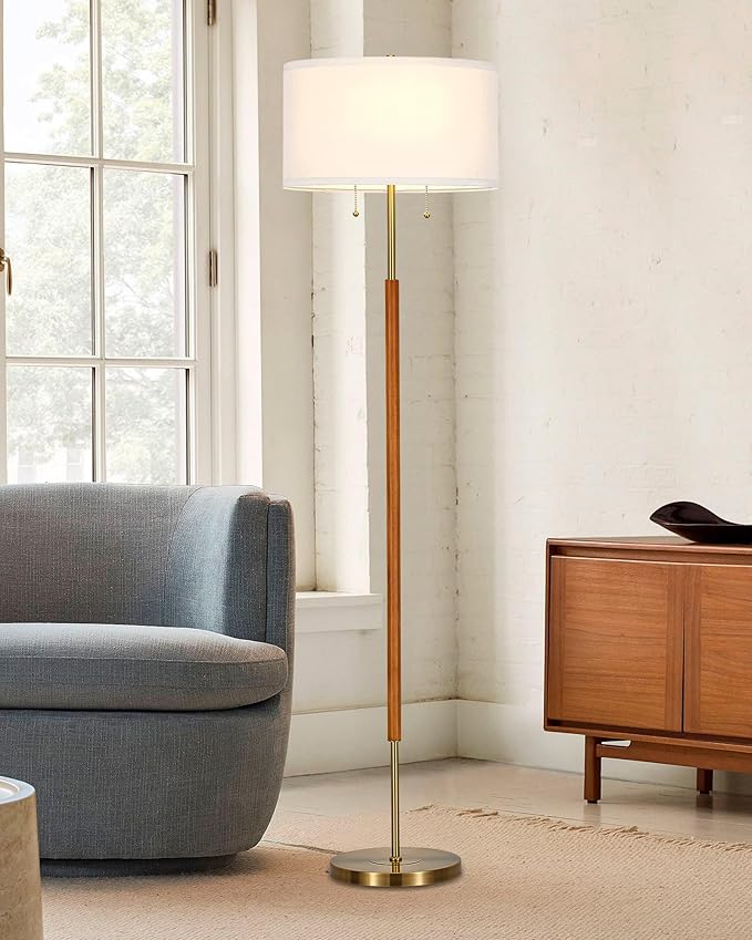 ELYONA 2-Light Wood Floor Lamp for Bedroom Mid Century Modern Standing Lamp White Fabric Shade Tall Pole Corner Light for Living Room Office 3 Color Temperatures 9W LED Bulbs Include, Brushed Brass