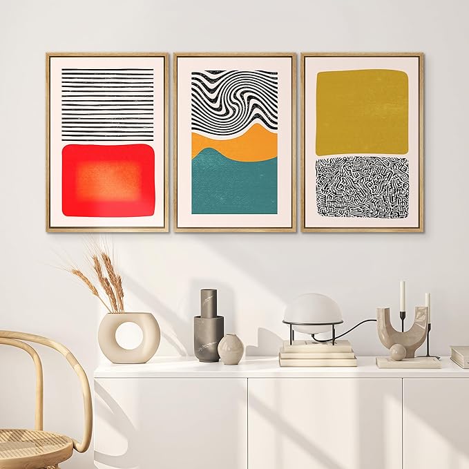 SIGNWIN Framed Canvas Print Wall Art Set Mid-Century Color Blocks & Spirals Abstract Shapes Illustrations Modern Art Contemporary Minimal Ultra for Living Room, Bedroom, Office - 24"x36"x3 Natural