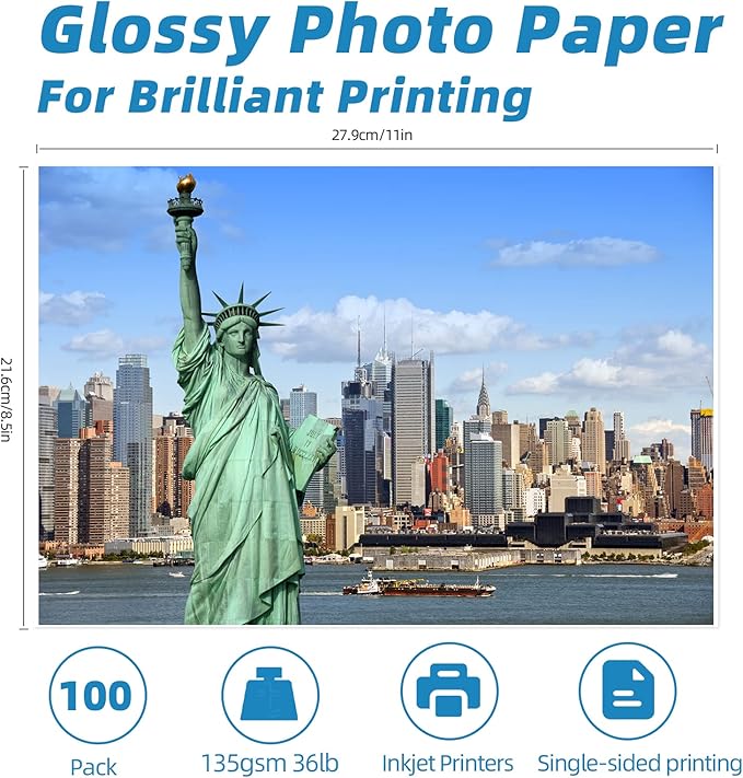 Uinkit 37lb Thin Flyer Paper Glossy 8.5x11 Inkjet 100 Sheets Single Side DIY Chip Bag 135gsm Printer Picture for Inkjet Printer with Dye Ink Letter size A4 Brochure (8.5X11X100)