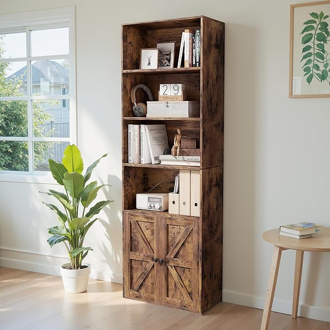 YESHOMY 71.5" Tall Bookshelf and Bookcase, Industrial Bookshelves and Bookcases with Doors, 4-Tier Floor Standing Tall Display Storage Cabinet with Doors for Home Office, Living Room, Brown, 1 PCS