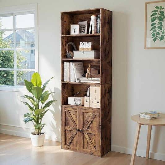 YESHOMY 71.5" Tall Bookshelf and Bookcase, Industrial Bookshelves and Bookcases with Doors, 4-Tier Floor Standing Tall Display Storage Cabinet with Doors for Home Office, Living Room, Brown, 1 PCS