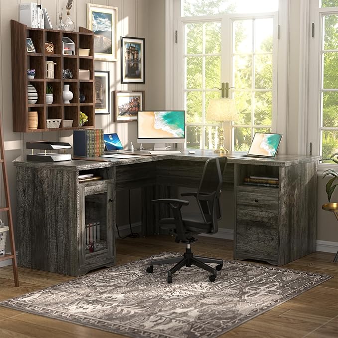 Unikito L Shaped Desk with Drawers, 60 Inch Corner Computer Desks with USB Charging Port and Power Outlet, Large 2 Person Home Office Table with File Cabinet, Black Oak