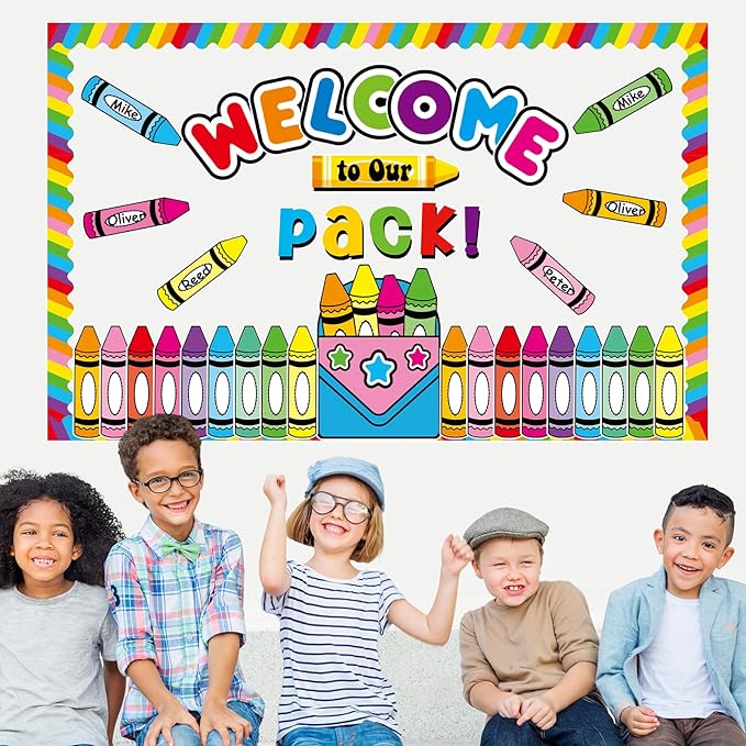 Welcome to Our Pack Bulletin Board Decorations Back to School Crayon Theme Classroom Bulletin Board Border Set Colorful Crayons Name Tags for School Teacher Supplies Home Wall Decor