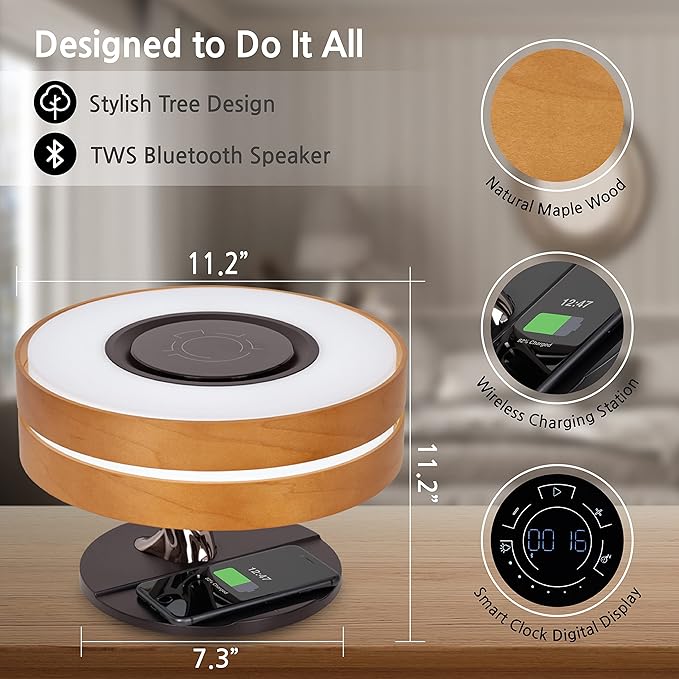 Dawn Lamp Modern Desk Lamp Multifunctional with Adjustable Light Settings, TWS Bluetooth Speaker, Wireless Charger, Touch Controls, for Home Office, Dorm Decor, Bedroom