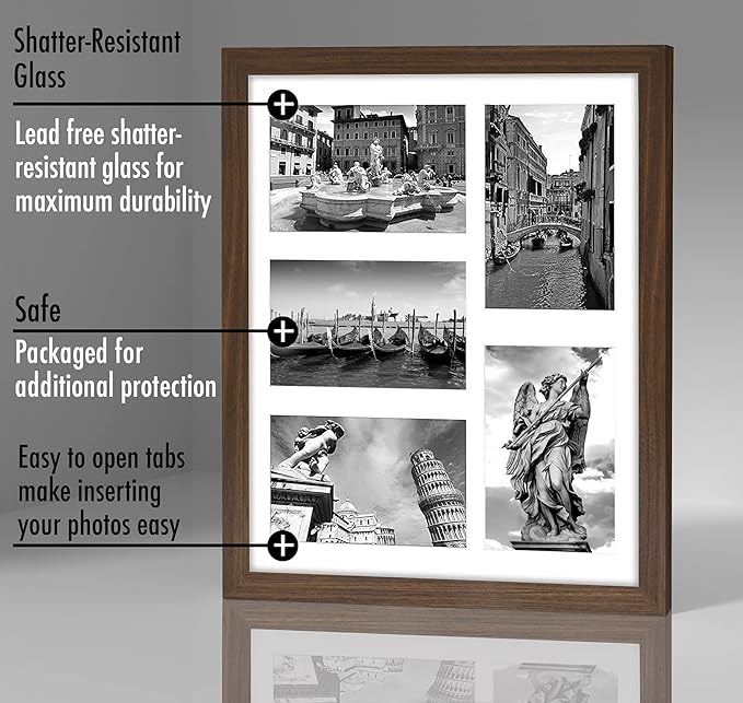 Americanflat 4x6 Collage Picture Frame with Shatter-Resistant Glass - Fits Five 4x6 Photos or Use as One 11x14 Picture Frame - Signature Collection - Collage Frames for Wall Display - Walnut