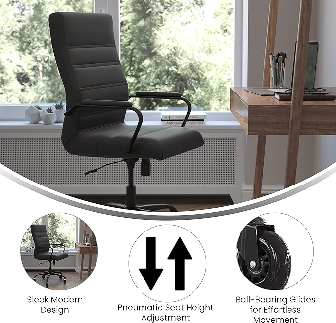 Flash Furniture Whitney High Back Black LeatherSoft Executive Swivel Office Chair with Black Frame, Arms, and Transparent Roller Wheels