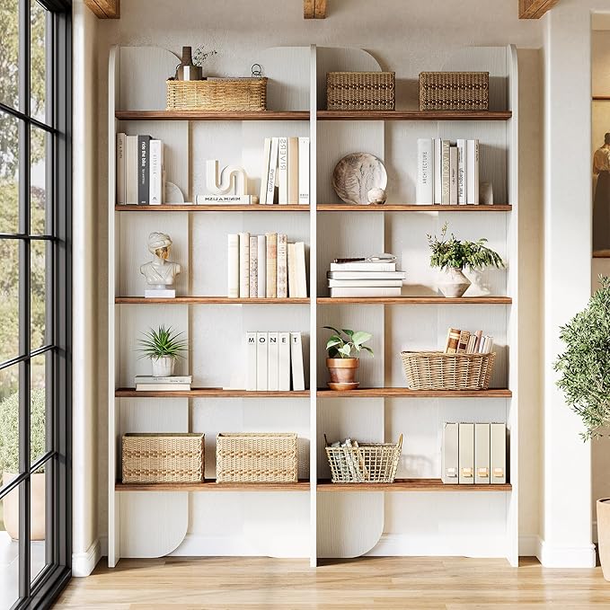 Tribesigns 5-Tier Farmhouse Bookshelf, 70.87-Inch Tall Double Wide Bookcase with Open Shelves, Vintage Floor Standing Book Shelf (2, White+Brown)