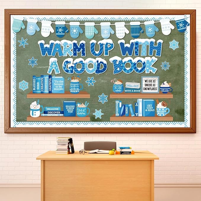 Pasimy 79 Pcs Winter Bookshelf Bulletin Board Decoration Warm Up with A Good Book Bulletin Board Snowflake Paper Cutout Winter Motivational Classroom Decor for School Chalkboard Window Wall Home Decor