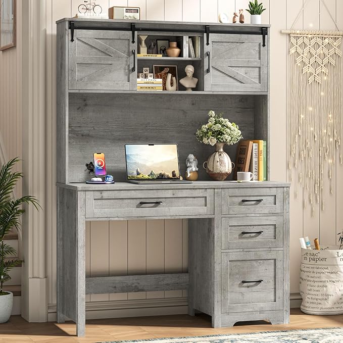 Farmhouse 67" H Executive Desk with Hutch,Computer Desk with Charging Station,Office Table with LED Light and 4 Drawers,File Drawers and Storage Cabinet,Workstation for Home Office.Grey