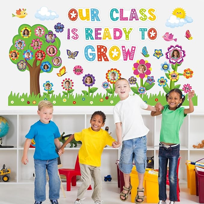 gisgfim Spring Bulletin Board Set Our Class is Ready to Grow Classroom Decorations Flower Butterfly Motivational Paper Cutouts for Spring Classroom School Chalkboard Door Wall Decor