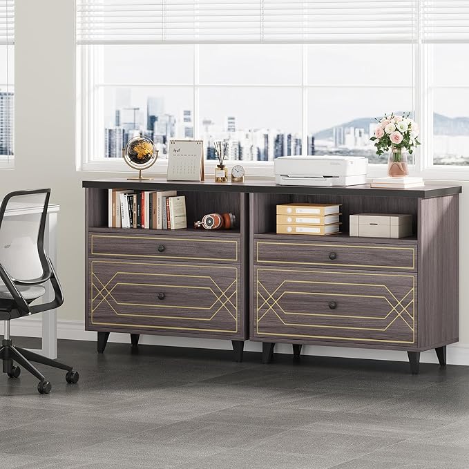 Lateral File Cabinet with Shelf, 2 Drawer Filing Cabinet for A4/Letter/Legal Size, Modern Industrial Office Storage Cabinet Printer Stand for Home Office, Gray Brown