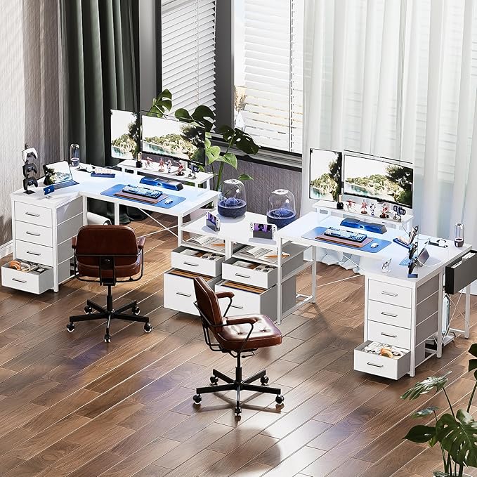 Unikito 70.8" Reversible L Shaped Computer Desk with Fabric File Drawers, Corner Desks with RGB LED Light & Power Outlets & Monitor Stand, Large Gaming Desk for Home Office Workstation, White