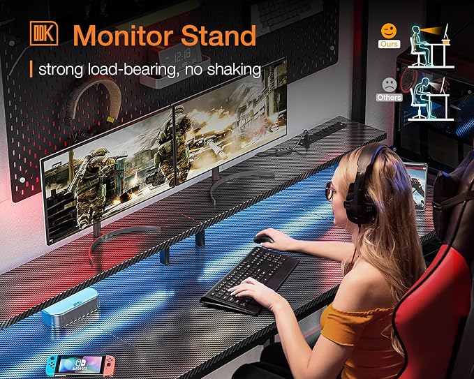 ODK 63 inch Computer Desk with Power Outlets & LED Lights, Gaming Desk with Monitor Stand & Storage Sheves, Home Office Desk, Carbon Fiber Black