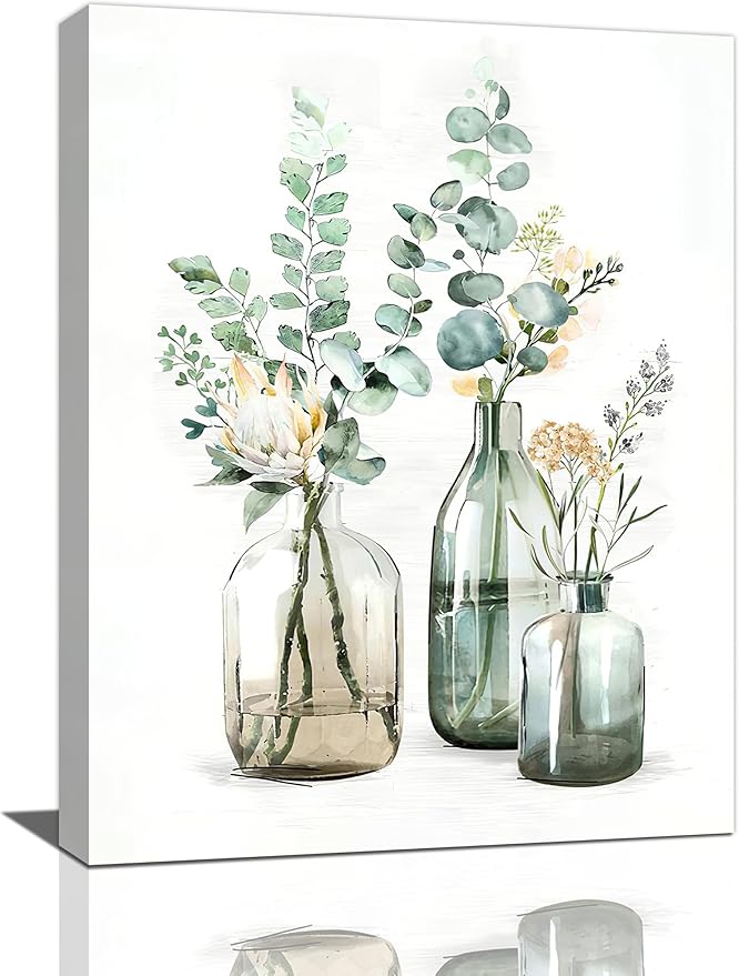 Botanical Bathroom Wall Art Rustic Green Plant Pictures Wall Decor Botanical Canvas Country Print Painting Modern Decoration Artwork for Bathroom Living Room Bedroom Office Framed 12"x16"