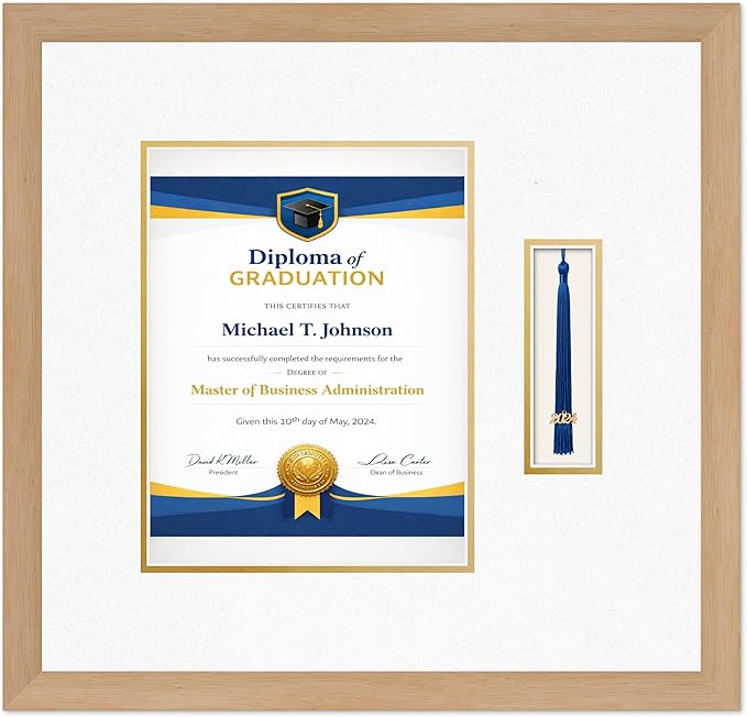 Diploma Frame with Tassel Holder Natural Wood Shadowbox Oyster Shell Over Gold Mat - Fits 8.5 x 11 Degree Made in the USA