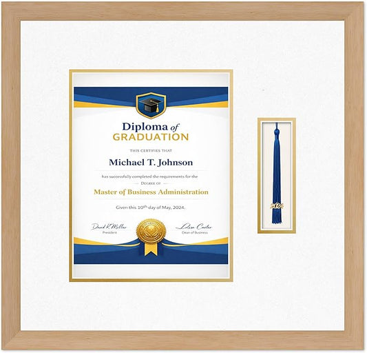 Diploma Frame with Tassel Holder Natural Wood Shadowbox Oyster Shell Over Gold Mat - Fits 8.5 x 11 Degree Made in the USA
