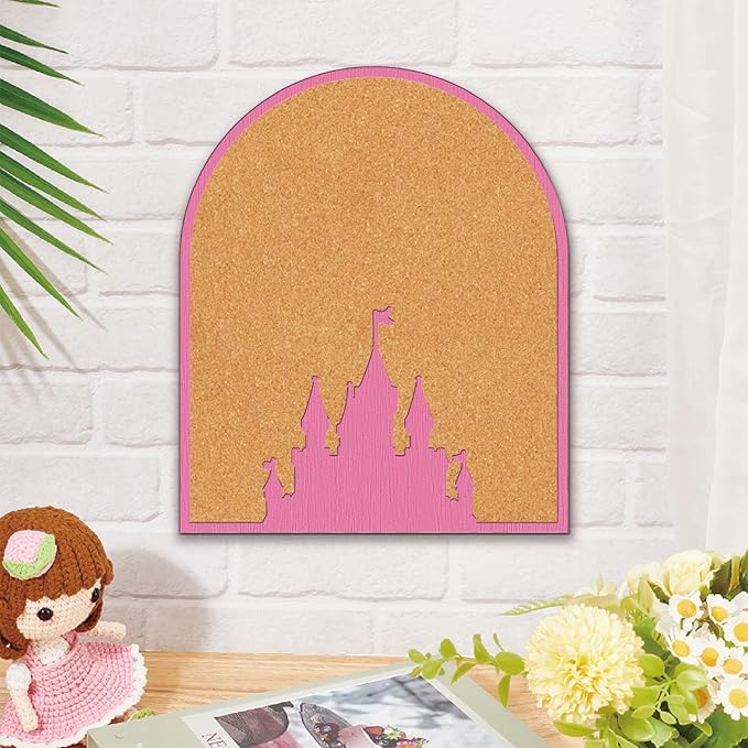 CRASPIRE Pink Castle Pin Cork Board 11.8x9.8In Wall Mounted Framed Bulletin Decorative Corkboard Display Badge Memory Memo Brooch Lapel Pin Holder Storage for Home Office School Classroom Wedding
