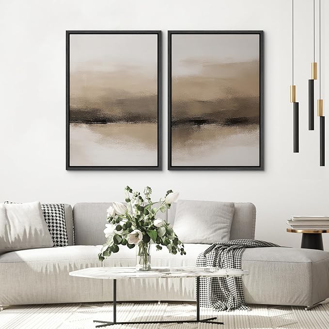 SIGNWIN Framed Canvas Print Wall Art Set Beige and Black Neutral Abstract Landscape Minimalist Illustrations Modern Art Decorative Multicolor for Living Room, Bedroom, Office - 16"x24"x2 Black