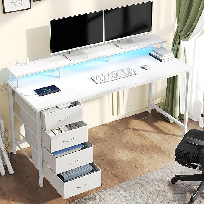 DUMOS 47 Inch Computer Desk with 4 Drawers,4 Drawer Gaming Desk with with Power Outlets and LED Lights,Office Desk for Small Spaces with Monitor Shelf,Writing Desk for Home Office,Bedroom, Study,White