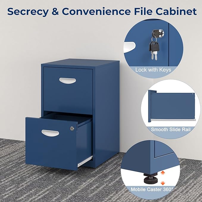 2 Drawer File Cabinet with Lock, Metal File Cabinet for Home Office, Under Desk Storage, Printer Stand, for Letters and File Boxes, Assembly Required, Blue
