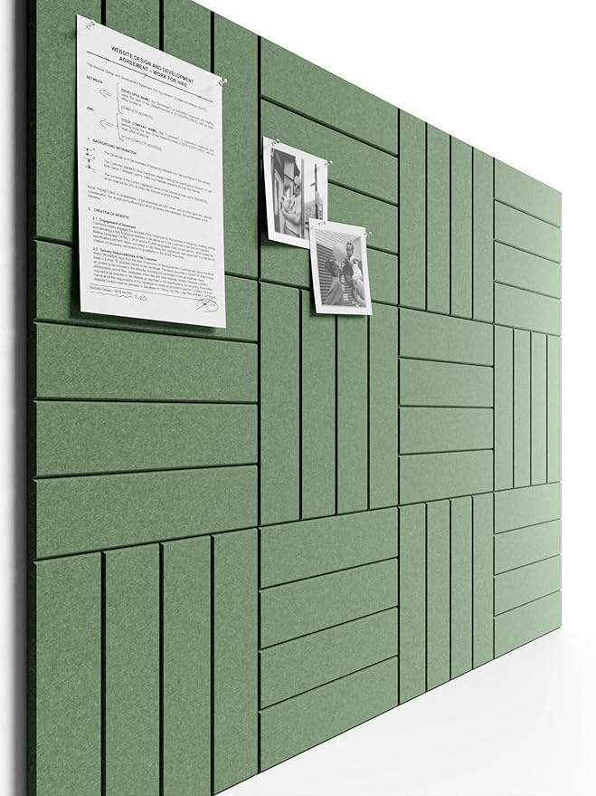 Bumusty Large Cork Board Alternative-48 x 36" Felt Bulletin Board Tiles, with 30 Pushpins, 70 Adhesive Tabs, 12-Pack Slat Wall Paneling, Cork Boards for Office Push Pin Board Felt Board-Moss Green
