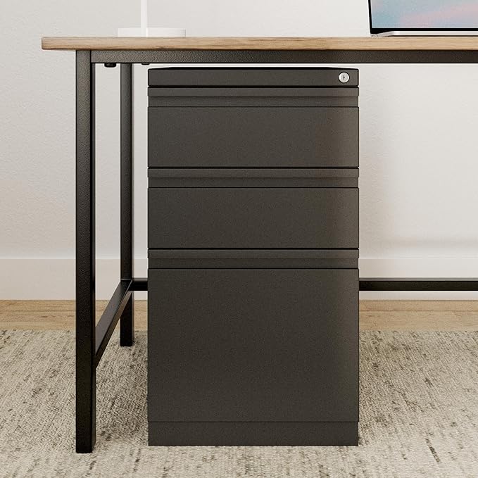 Hirsh Industries 3-Drawer Metal Mobile Pedestal, 20" Deep Box/Box/File Configuration, Black Finish, 27.75" H x 15" W x 19.88" D, Locking File Cabinet with Hidden Casters, Office Storage Solution