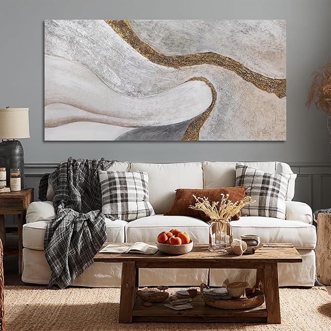 ZUNARE Contemporary White Gold Textured Canvas Wall Art Abstract Organic Line Posters Picture Minimalist Home Decor for Living Room Bedroom Office 29x58 Inch