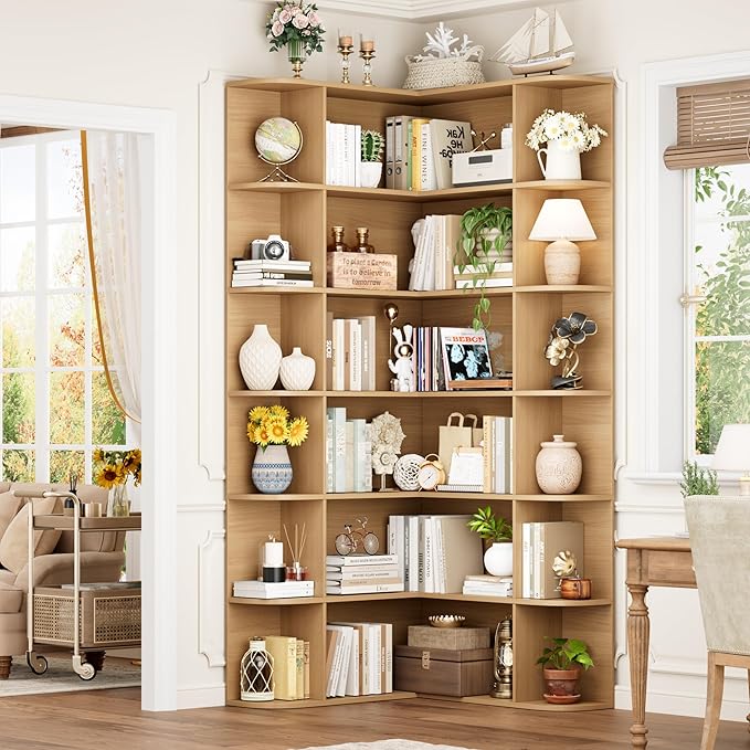 FOTOSOK 74” Tall Corner Bookshelf, 6-Tier Bookshelf and Bookcase with Open Storage, Tall Bookcases Wooden Storage Shelves for Home Office, Thickened Boards for Better Load Bearing, Natural