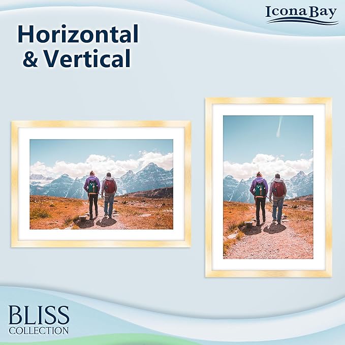Icona Bay - 11x17 Gold Picture Frame with Removable Mat to 9x14 Photo - Modern Style Engineered Wood Poster Frame - Wall Mount Only - Bliss Collection