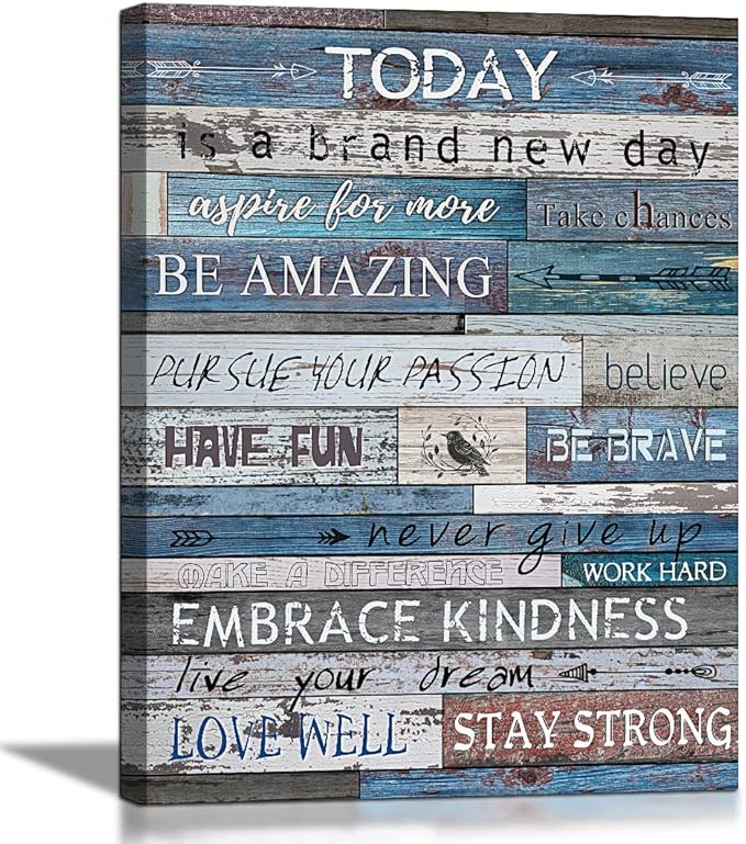 WOWGOOMO Blue Inspirational Canvas Wall Art for Office Positive Quotes Wall Decor Rustic Wood Grain Motivational Theme Poster for Bedroom Classroom Home Walls Framed Office Artwork for Men Teens 12x16
