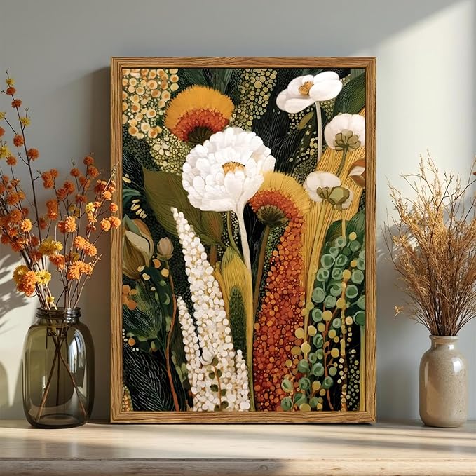 Framed Vintage Floral Canvas Wall Art, Abstract Flower Pictures Wall Decor, Boho Wildflower Botanical Paintings Prints Mid Century Modern Home Decor Aesthetic for Living Room Bedroom 16x24 inch