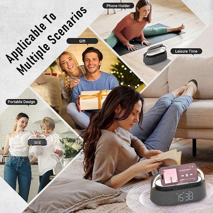 FREEFISH 6 in 1 Bluetooth Speaker with Fast Wireless Charger,FM Radio,Touch LED Night Light,Phone Holder,Snooze,Portable Wireless Speaker for Bedrooms Office Home,Gifts (Black)