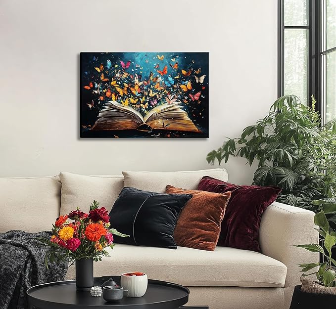 Colorful Butterfly Book Canvas Wall Art Butterfly Emerging From Book Picture Wall Decor Reading Enthusiasts Poster Print for Library Reading Room Bedroom Modern Reading Concept Home Decoration