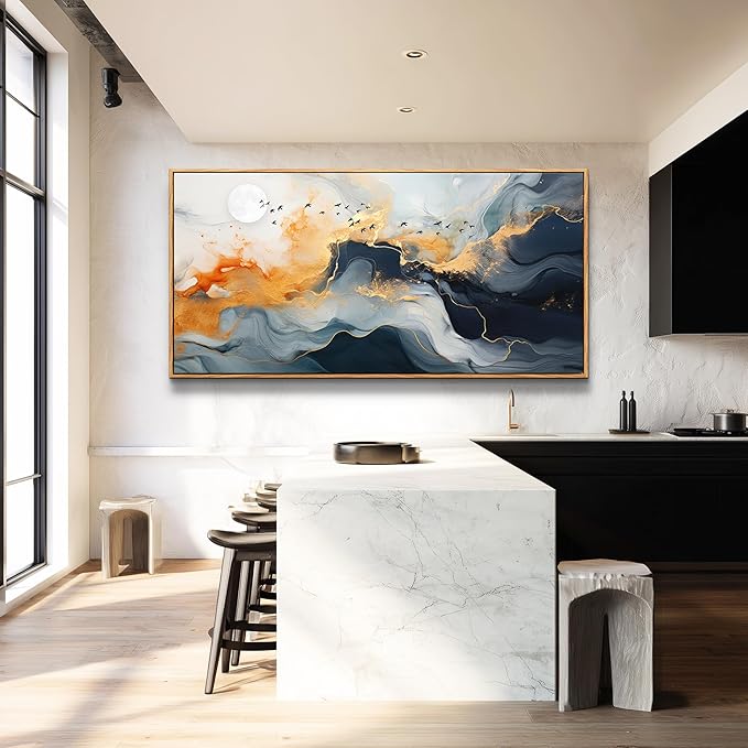 MHARTK66 Framed Wall Art Abstract Large Canvas Picture Ready to Hang Marble Fluid Art with Gold Foil Moon & Bird Design Home Decor for Living Room Bedroom Hotel Office Wall Decorative Artwork 20x40
