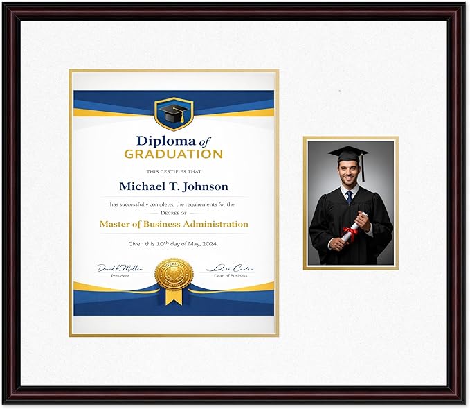 Diploma Frame With Photo Opening Executive Brown Oyster Shell Over Gold Mat - Fits 11 x 14 Degree and Picture Made in the USA