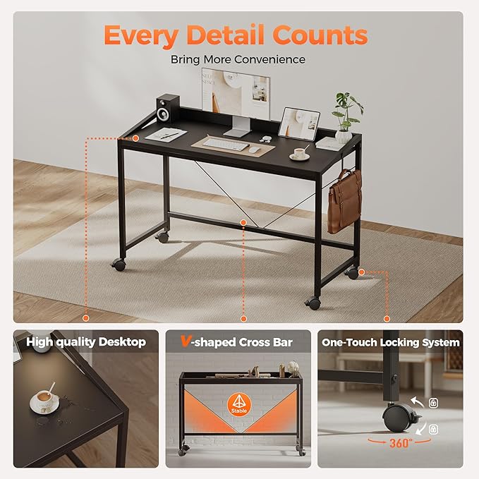 Mericonia 32 inch Rolling Computer Desk with Wheels, Gaming Desk for Small Spaces, Modern Simple Style Table for Home Office, Study Writing Table