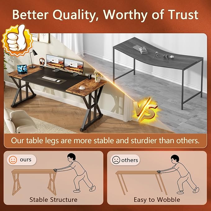 TVU Computer Desk, 55 inch Large Office Desk, Study Writing Table with Thicken Frame, Gaming Desk, Modern Simple Desk for Home Office, Rustic Brown/Black