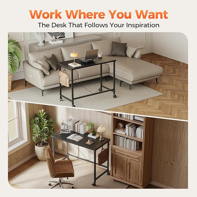 Mericonia 40 inch Rolling Computer Desk with Wheels, Gaming Desk for Small Spaces, Modern Simple Style Table for Home Office, Study Writing Table