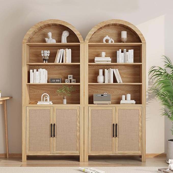 71" Tall Arched Bookcase with Storage, Mid-Century Modern 6-Tier Curved Cabinet with Door, Arched Bookshelf Cabinet with Open Display Storage Shelf for Office Living Room (Natural)