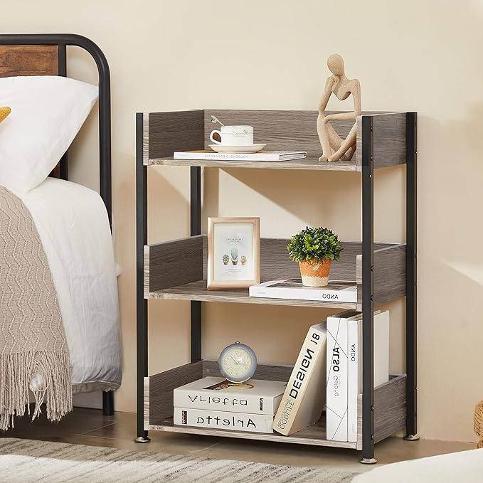VECELO Bookshelf,Small Bookcase,3-Tier Storage Organizer,Industrial Shelving Unit for Living Room,Classroom,Office,Dormitory,Set of 2,Brown