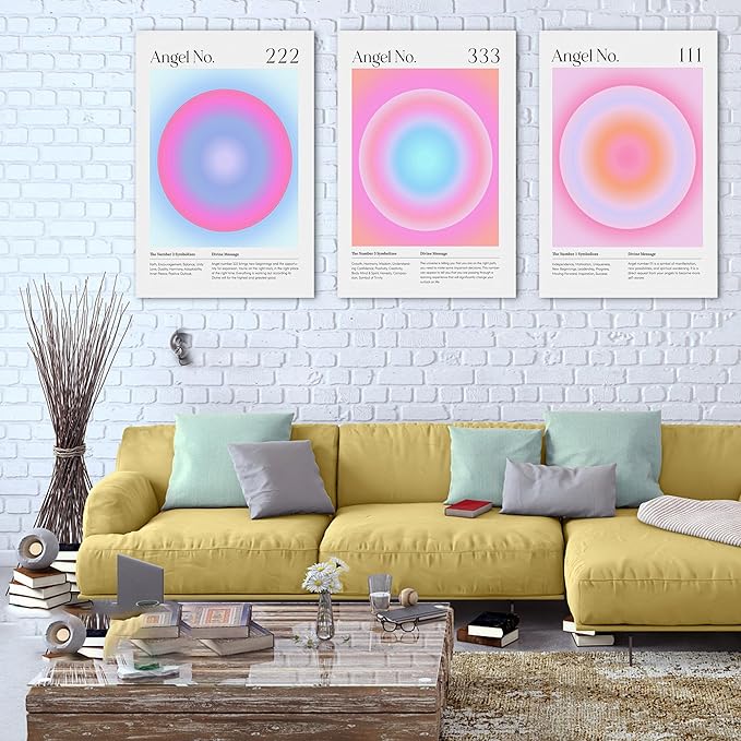 Colorful Gradient Aura Angel Numbers Poster Canvas Print Artwork Room Decor for Bedroom Aesthetic, 3 Piece Framed Inspirational Minimalist Art Paintings Decor for Bedroom Office 24"x36" x 3 Pcs