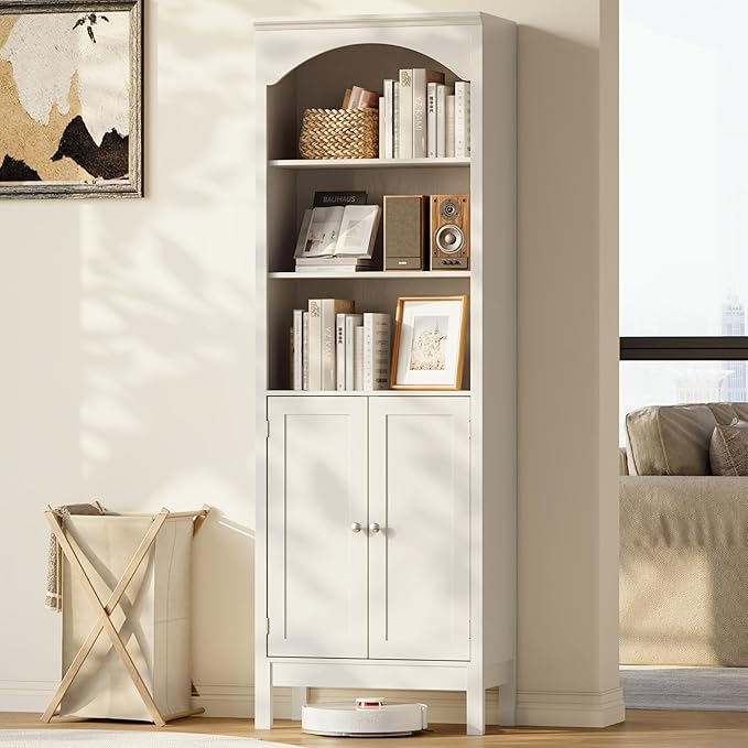 71" H Tall Bookshelf with Doors, Farmhouse Book Shelf with 3-Tier Open Shelves, Wooden Bookcase with Storage Cabinet, Freestanding Display Bookshelves for Bedroom, Living Room, White