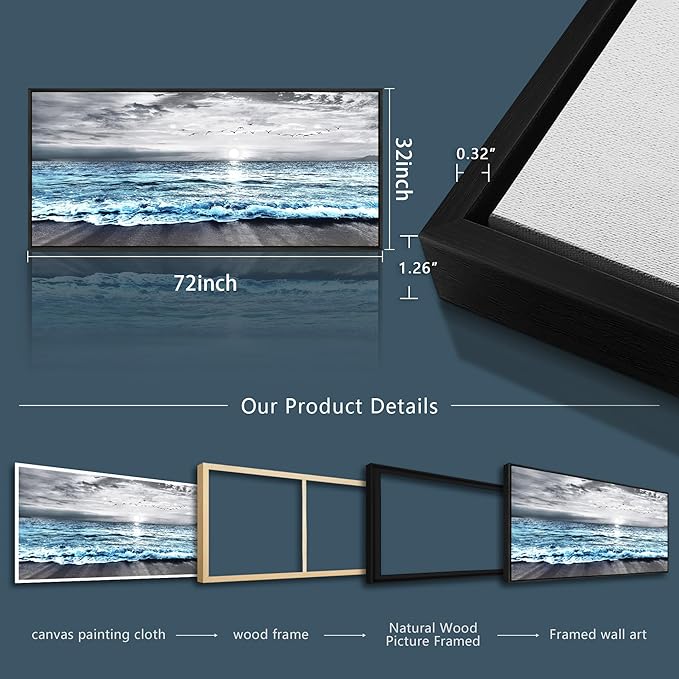 Wapluam Large Wall Art For Living Room Wall Decor For Office Black And White Painting Bedroom Wall Decorations Blue Sea Wave Pictures Artwork For Modern Black Framed Beach Canvas Prints Poster