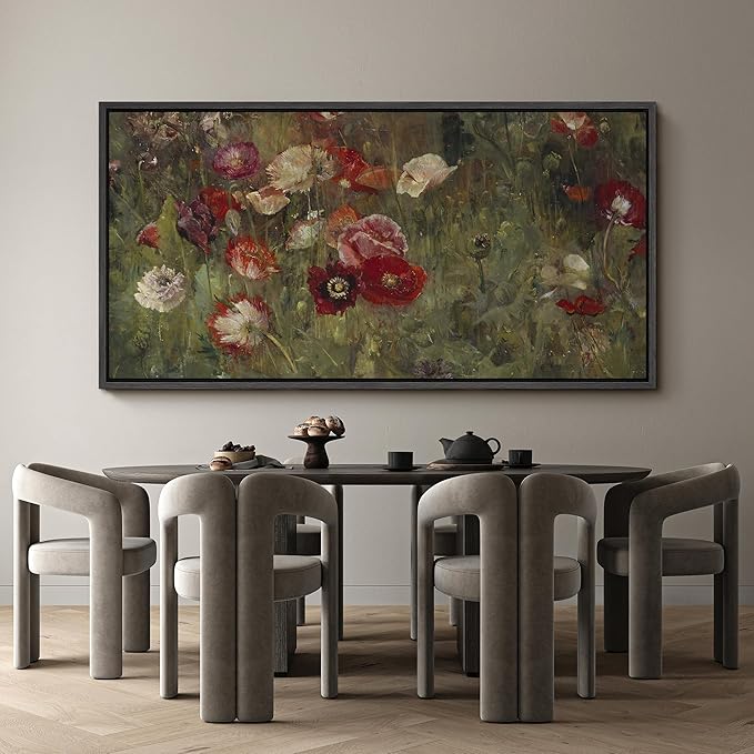 SIGNFORD Extra Large Framed Canvas Vintage Red and White Poppy Field Illustrations Modern Art Calm Warm for Living Room, Bedroom, Office - 60"x30"
