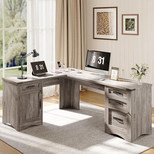 L Shaped Farmhouse Executive Desk with Drawers, 67" Home Office Desks with Fast Charging Station, Lockable File Cabinet, Wood Writing Computer Desk for Work, Study, Grey